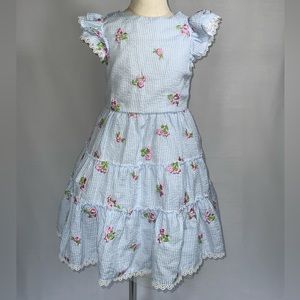 Rare Editions SZ 6 Blue and White lined dress with embroidered flowers.